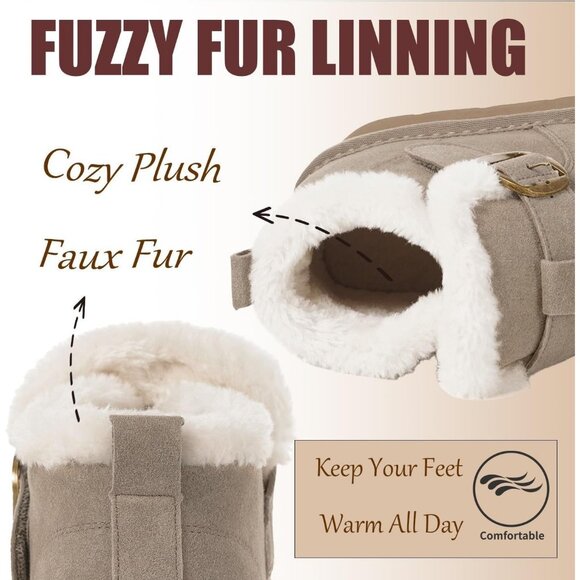 Women's Snow Winter Warm Hook Loop Gray Faux Fur Lining Booties Shoes - Picture 2 of 6